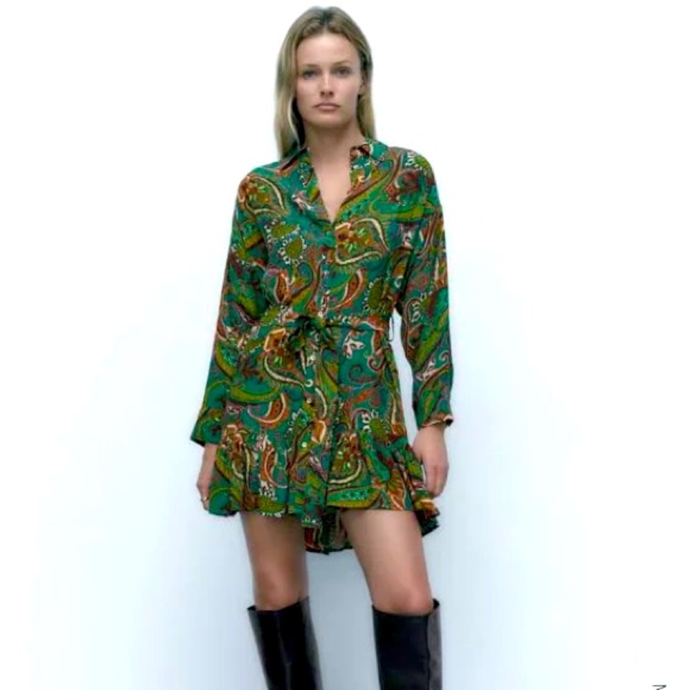 NWT Zara Paisley Floral Green Midi Dress